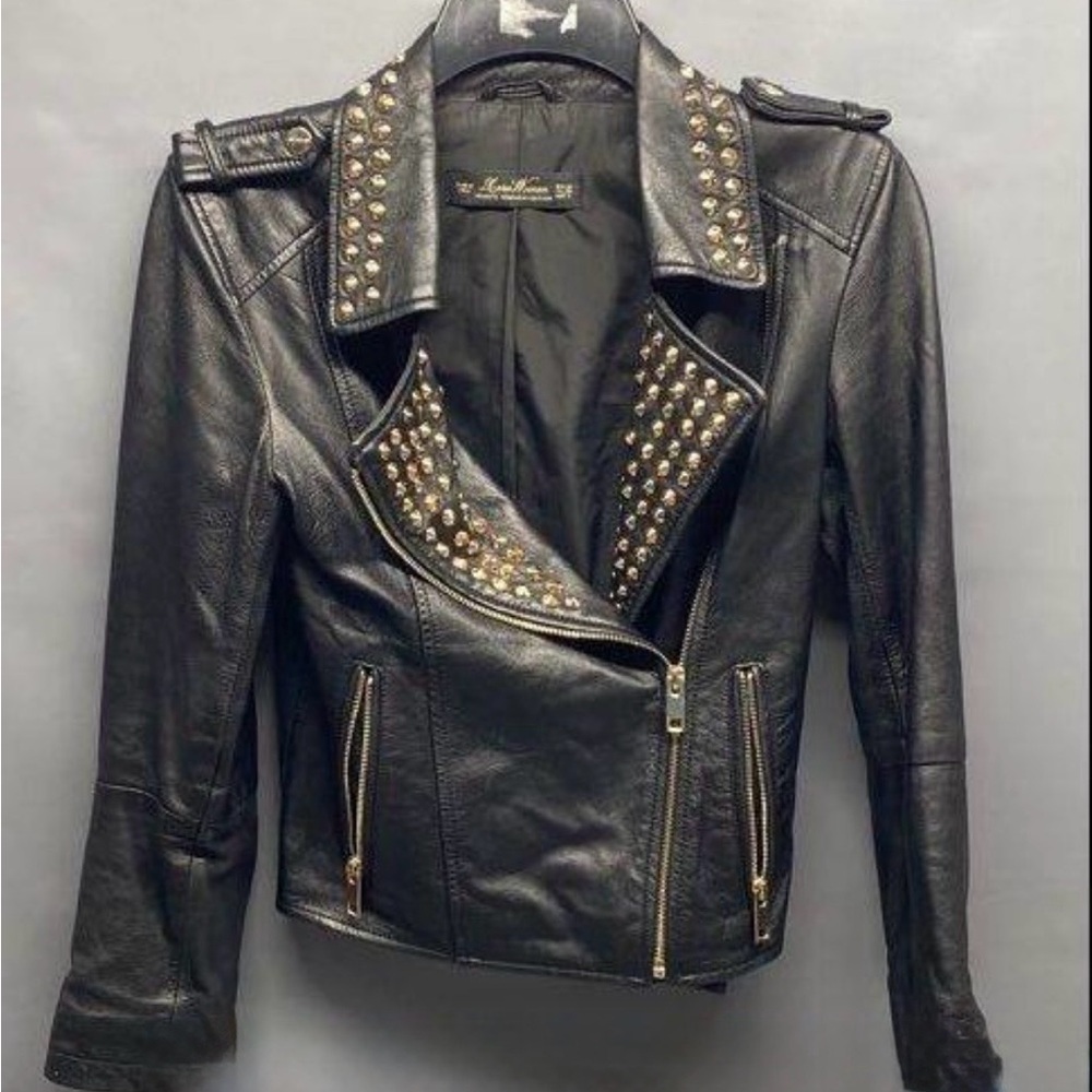 Zara Premium Limited Ed. Lambskin Black/Gold Studded Moto Jacket. Size XS